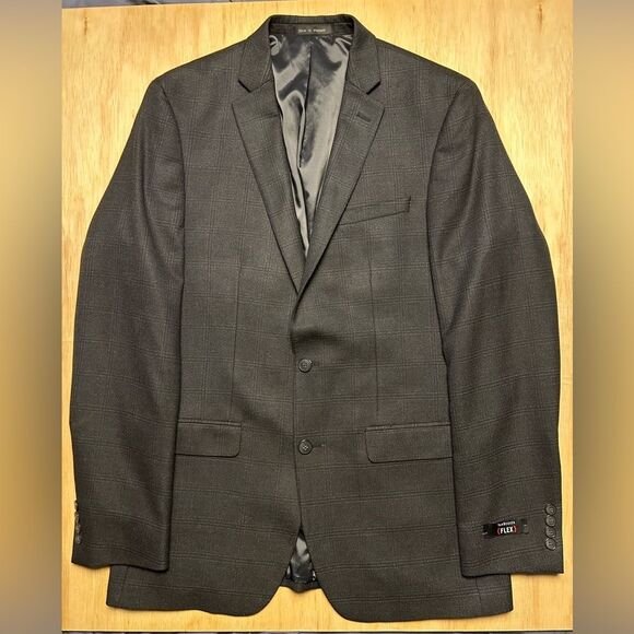 Van Huesen Flex Gray/ Blue Stitch Plaid Sport Coat Blazer 42L Slim Fit